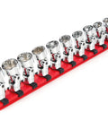 3/8-Inch Drive 6-Point Universal Joint Socket Set With Rail, 10-Piece (10-19 mm), lined on red rail, ideal for tight spots and auto repairs
