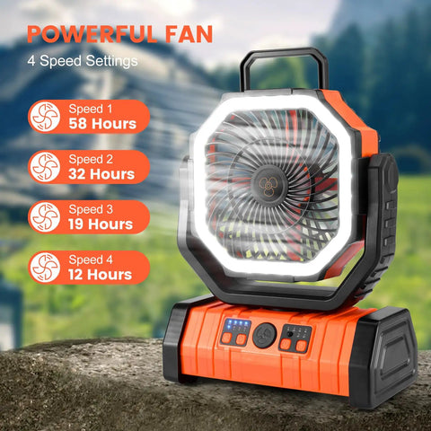 High Capacity 30000mAh Oscillating Camping Fan With LED Lantern Rechargeable Tent Fan showing speed settings orange