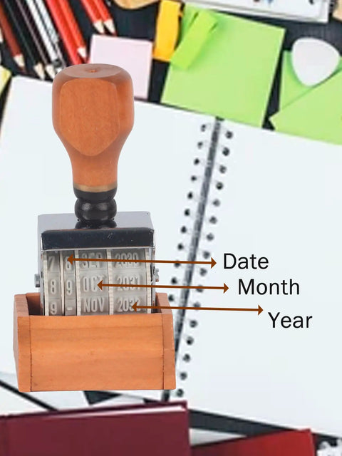 Kickin Retro Wooden Roller Date Stamp With Sleek Grip And Clean Roll On Ink System Delivers Flawless Calendar Marks From 2026 To 2036 on a desk with stationery.
