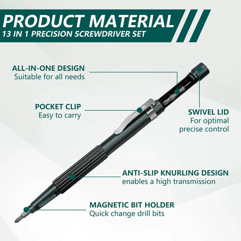 Knockout 13 In 1 Precision Magnetic Screwdriver Set With Serious Hold Magnet And Twelve Replacement Bits, Solid CRV Steel And Grippy Aluminum Handle, features ergonomic pocket clip and anti-slip knurling design.