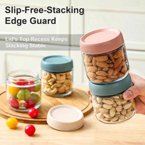 Hand holding stacked Six Pack 10oz Glass Jars with Airtight Lids for snacks and storage, highlighting stability and stacking feature.