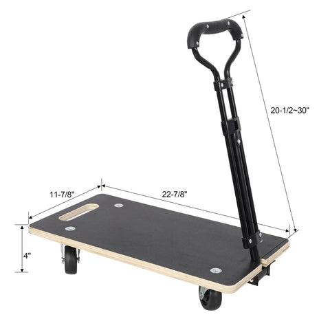 Beefy Heavy Duty 440 Lb Wooden Furniture Dolly With Adjustable Telescoping Handle From Twenty Point Five To Thirty Inches And Four Inch Casters Non Slip Leather Surface For Securely Moving Heavy Pianos And Appliances, shown with handle and deck dimensions