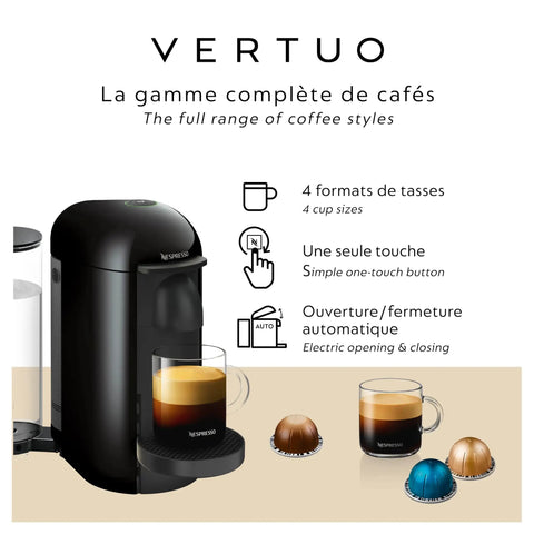 Vertuo Plus Single Serve Coffee And Espresso Maker By Breville In Ink Black with coffee capsules and cups displayed