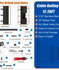 Matte Black 12-20 ft Cable Railing Post Kit with 4 Posts, 206 ft of Stainless Steel 1/10 Inch Wire Rope, Indoor Outdoor DIY Deck System