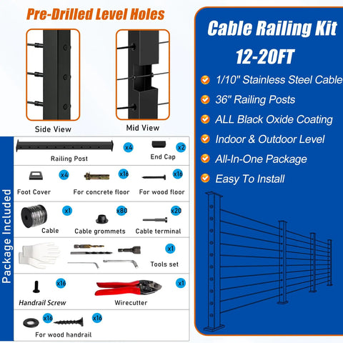 Matte Black 12-20 ft Cable Railing Post Kit with 4 Posts, 206 ft of Stainless Steel 1/10 Inch Wire Rope, Indoor Outdoor DIY Deck System