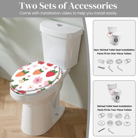 Generic Round Resin Toilet Seat for Bathroom installed on toilet with floral design and installation accessories shown.