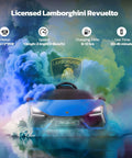 Licensed Lamborghini Revuelto displayed with colorful smoke, highlighting motor, speed, charging, and use time details.