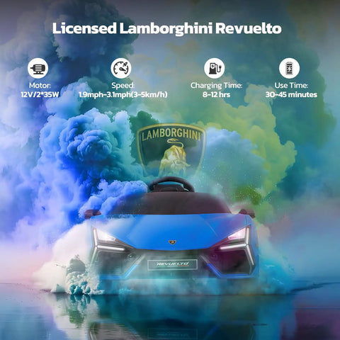 Licensed Lamborghini Revuelto displayed with colorful smoke, highlighting motor, speed, charging, and use time details.