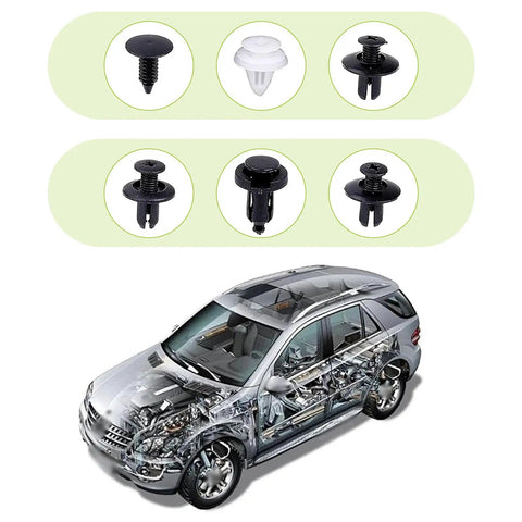 Universal 100 Piece Car Bumper Retainer Clip Kit with 6 size plastic rivets and push fasteners for door trim and fenders on car