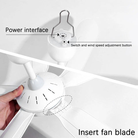 Setup process of Portable 28 Inch Ceiling Fan With Remote For Indoor And Outdoor Use White Quiet Plug In Gazebo Tent RV Dorm Garage Small Room No Light 110V Or 12V DC Power Options No Fuss Setup