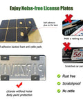 Diagram showing anti-rattle pads for Slick Carbon Fiber Look License Plate Frame Set Black Carbon Pattern Plastic and benefits.