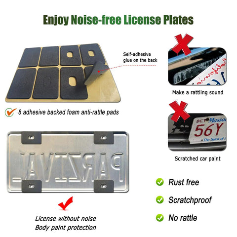 Diagram showing anti-rattle pads for Slick Carbon Fiber Look License Plate Frame Set Black Carbon Pattern Plastic and benefits.