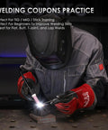 Welding Coupon Kit With 24 Pcs 3 By 3 Inch And 2 By 2 Inch Mild Steel Practice Plates For Beginners, person in welding gear practicing.