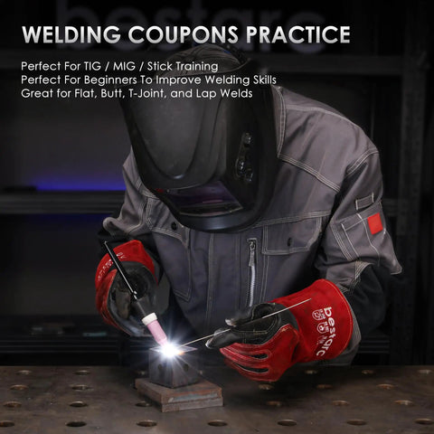 Welding Coupon Kit With 24 Pcs 3 By 3 Inch And 2 By 2 Inch Mild Steel Practice Plates For Beginners, person in welding gear practicing.