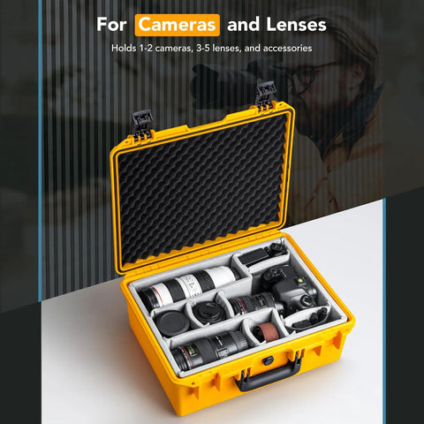 Yellow Waterproof PVC1 Hard Camera Case With Padded Dividers For Cameras Lenses And Dual Drones Like DJI Mavic Air Mini And Fly Series