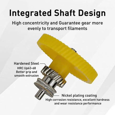 Rock Solid Hardened Steel Extruder Gear Assembly Replacement Drive Gear For 3D Printers with integrated yellow shaft design
