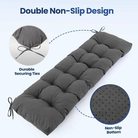 48 Inch Outdoor Bench Cushion 18 Inch Deep 5 Inch Thick Tufted Memory Foam, All-Weather Waterproof Fade-Resistant Patio Pad With Non-Slip Backing and Straps, Indoor Outdoor Cushion for Patio Sofa or Swing, Dark Grey with securing ties and non-slip bottom