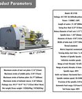 Heavy Duty Benchtop Mini Metal Lathe With Fast Gears For Straight Up Precision And No Sweat Metric Imperial Setup On A Sturdy 8 By 32 Bed Powered By A Strong 1100 Watt Motor That Cuts Threads Smooth As Gold, showing product parameters and specifications.