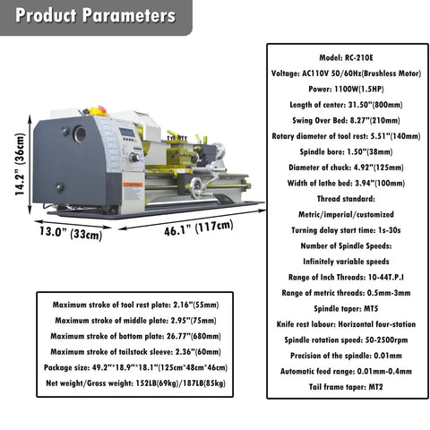 Heavy Duty Benchtop Mini Metal Lathe With Fast Gears For Straight Up Precision And No Sweat Metric Imperial Setup On A Sturdy 8 By 32 Bed Powered By A Strong 1100 Watt Motor That Cuts Threads Smooth As Gold, showing product parameters and specifications.