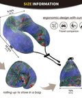Monet Water Lilies Travel Neck Pillow With Washable Cover Memory Foam Support Cushion showing size and storage info