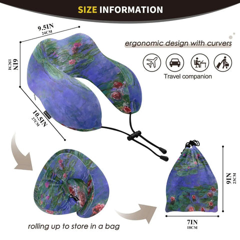 Monet Water Lilies Travel Neck Pillow With Washable Cover Memory Foam Support Cushion showing size and storage info