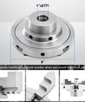Six Inch Four Jaw Self Centering Wood Lathe Chuck Kit With 1 By 8 TPI Thread shown from top view with dimensions highlighted