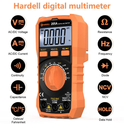 Digital Multimeter TRMS 6000 Counts Auto Ranging DMM with NCV Backlight and Flashlight displaying voltage options.