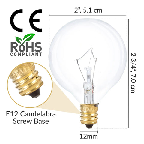 G16.5 Round Globe Bulbs 40W E12 Candelabra Base, 10 Pack, Warm White 2700K, Dimmable, Clear Glass, 110V 120V, Great For Chandeliers Ceiling Fans Vanity Lights Wall Sconces Accent Lamps Home Decor
