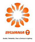 Sylvania logo with design of various light bulb silhouettes, emphasizing quality and reliability, over a century in lighting.