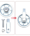 Close-up of garage door pulley and hardware from Garage Door Cable And Pulley Replacement Kit With Two Pairs Of Galvanized Aircraft Cables And Four Heavy Duty Three Inch Pulleys And Fasteners For Torsion And Extension Doors Up To 12 And 9 Feet DIY Ready.