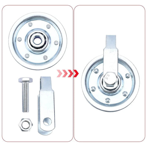 Close-up of garage door pulley and hardware from Garage Door Cable And Pulley Replacement Kit With Two Pairs Of Galvanized Aircraft Cables And Four Heavy Duty Three Inch Pulleys And Fasteners For Torsion And Extension Doors Up To 12 And 9 Feet DIY Ready.