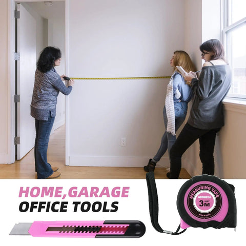 People using a tape measure from the Pink 40 Piece Home Tool Kit With Carrying Box Handy Starter Kit For DIY Home Maintenance And Woodworking Ideal For College Students Grab And Go Portable Tool Set For Furniture Assembly Office Repairs And Decorating.