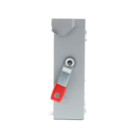 Side view of Three Phase 60 Amp 240V General Duty Indoor Non Fusible Safety Switch with Quick Make Break, NEMA 1 enclosure, and handle.