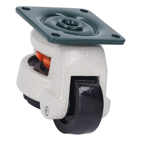 Heavy Duty 2200 Lbs Retractable Caster Wheels With 360 Degree Swivel And Custom Height Adjustability For Workbenches Furniture And Lab Gear, side view of caster with mounting plate.
