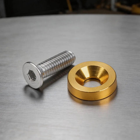 M6 Hex Head Bolt Screw Kit With Aluminum Washers For Fender, Bumper, Headlight And Trunk Mounts, 20 Piece Set, CNC Machined 6061 Aluminum Golden Finish, Engine Bay Ready, Heavy Duty Vibration Resistant Auto Body Fasteners, silver bolt and gold washer