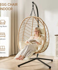 Hanging Egg Chair With Five Level Adjustable Footrest And Stand Wicker Rattan Swing Hammock Chair With Cushion And Double Chains