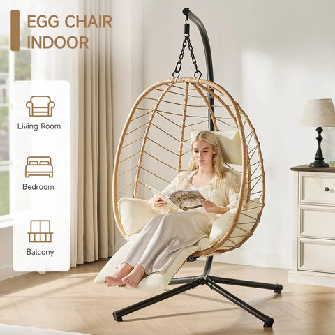 Hanging Egg Chair With Five Level Adjustable Footrest And Stand Wicker Rattan Swing Hammock Chair With Cushion And Double Chains