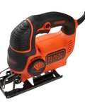 Powerful 5 Amp Corded Jig Saw With 3000 Bpm Blade Speed, Three Quarter Inch Orbital Action, Side view, black and orange design