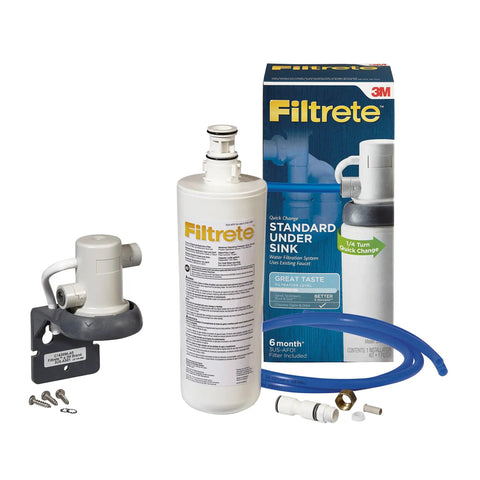 Packaging and components of Under Sink Quick Change Water Filtration System With Easy Install Faucet Water Filter For Clean Tasting Kitchen Water 3US-AS01 Advanced Filtration With Quick Change Filter Cartridge For Effortless Maintenance And Long Lasting Fresh Water At Home