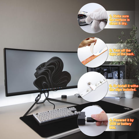 Installation steps for Crazy Bright 16.4 Ft Daylight 6000K LED Strip Light With USB Plug And Battery Box on computer desk