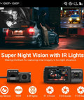 Triple Channel Dash Camera System with Front 4K, Inside Cabin 1440P, Rear 1440P, IR Night Vision displayed during night driving