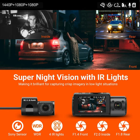 Triple Channel Dash Camera System with Front 4K, Inside Cabin 1440P, Rear 1440P, IR Night Vision displayed during night driving