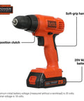 Side view of 20V Cordless Drill Driver Kit With 100 Piece Bit And Socket Set 24 Position Clutch Soft Grip Handle Battery And Charger