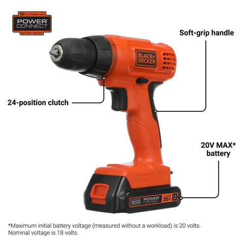 Side view of 20V Cordless Drill Driver Kit With 100 Piece Bit And Socket Set 24 Position Clutch Soft Grip Handle Battery And Charger