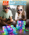 Kids playing indoors with Amphibious Remote Control Monster Truck For Kids, 2.4GHz RC Car With LED Lights, waterproof design, colored lights