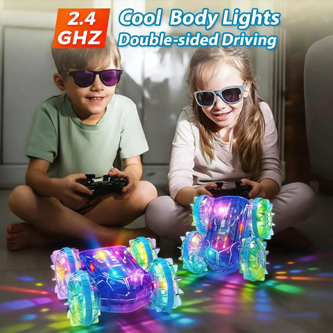 Kids playing indoors with Amphibious Remote Control Monster Truck For Kids, 2.4GHz RC Car With LED Lights, waterproof design, colored lights