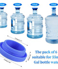 Leak Proof Silicone Replacement Caps Pack Of 6 For 5 Gallon Water Jugs No Spill Lids Fit 55mm Bottles Blue Caps displayed with jugs
