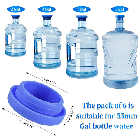 Leak Proof Silicone Replacement Caps Pack Of 6 For 5 Gallon Water Jugs No Spill Lids Fit 55mm Bottles Blue Caps displayed with jugs