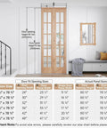 Space Saver Bifold Closet Door For 32 By 80 Opening With French Glass Barn Panels Includes 2.66 Ft Concealed Bi Fold Sliding Hardware Kit Preassembled Door Easy Install DIY Staining Ready For Small Spaces installed in hallway with measurement chart.