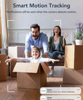 Family playing with boxes, illustrating 2K Indoor Security Cam Bundle 4-Pack, 360-Degree Motion Detection for Pets and Baby.